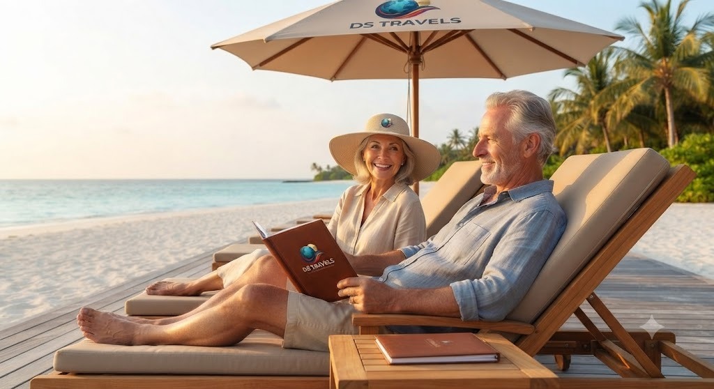 Pareja senior relajada en una playa tranquila, disfrutando de su viaje con DS Travels