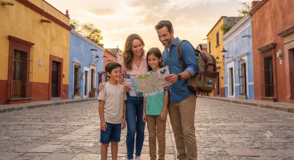 Familia explorando una calle colonial colorida con un mapa de DS Travels