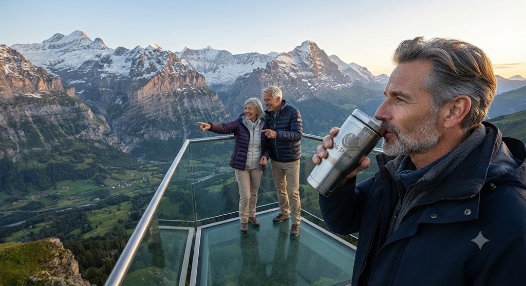 Pareja senior admirando un paisaje montañoso desde un mirador