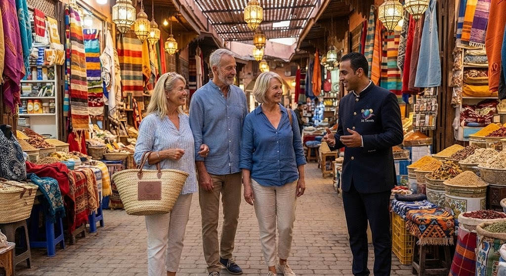 Viajeros con un guía local en un zoco tradicional