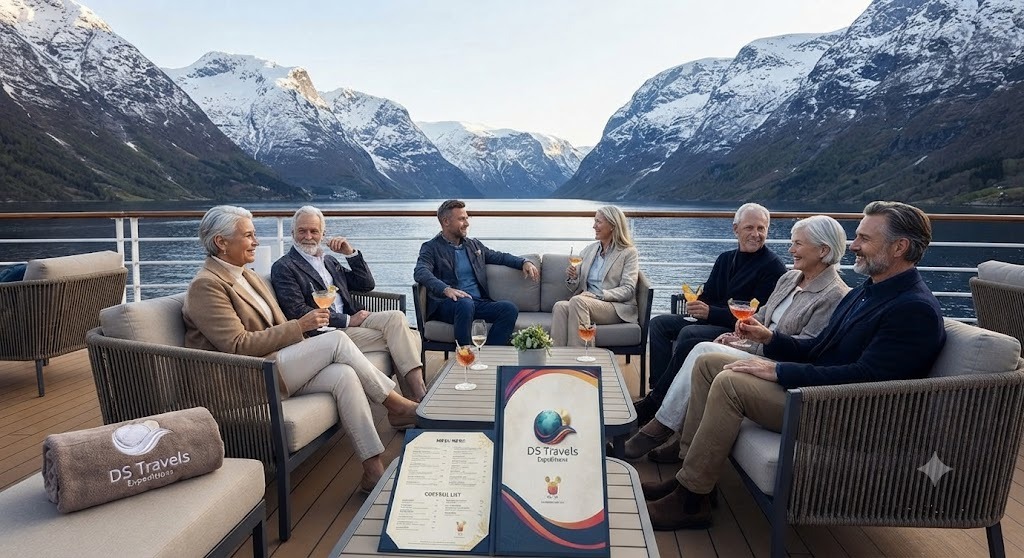 Grupo de viajeros disfrutando de un atardecer en cubierta de crucero por fiordos